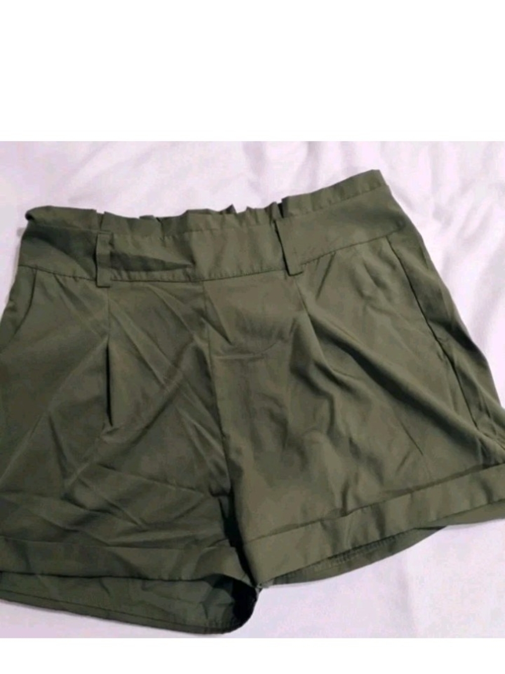 High-Rise Olive Pleated Bermuda Shorts for Women